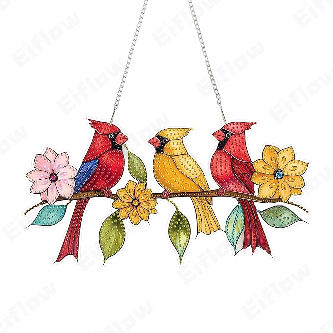 Eiflow 11.7x6.3in Acrylic Diamond Art Hanging Kit for Adults Cardinal Birds, DIY Diamonds Painting Door Hanger Board Kit, Special Crystal Diamond Art Painting Pendant Ornament