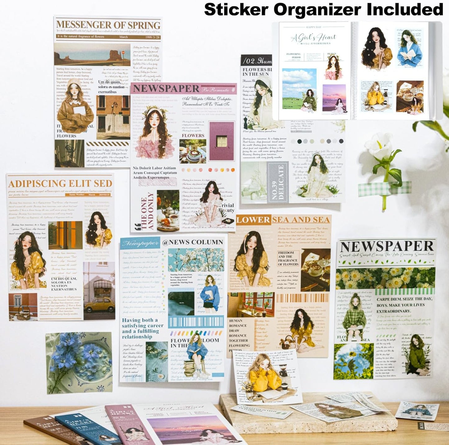 6Pcs Girl Sticker Book Set, Pre-Cut Scrapbook Kits for Journal Supplies DIY Crafting Planner, with Organizer