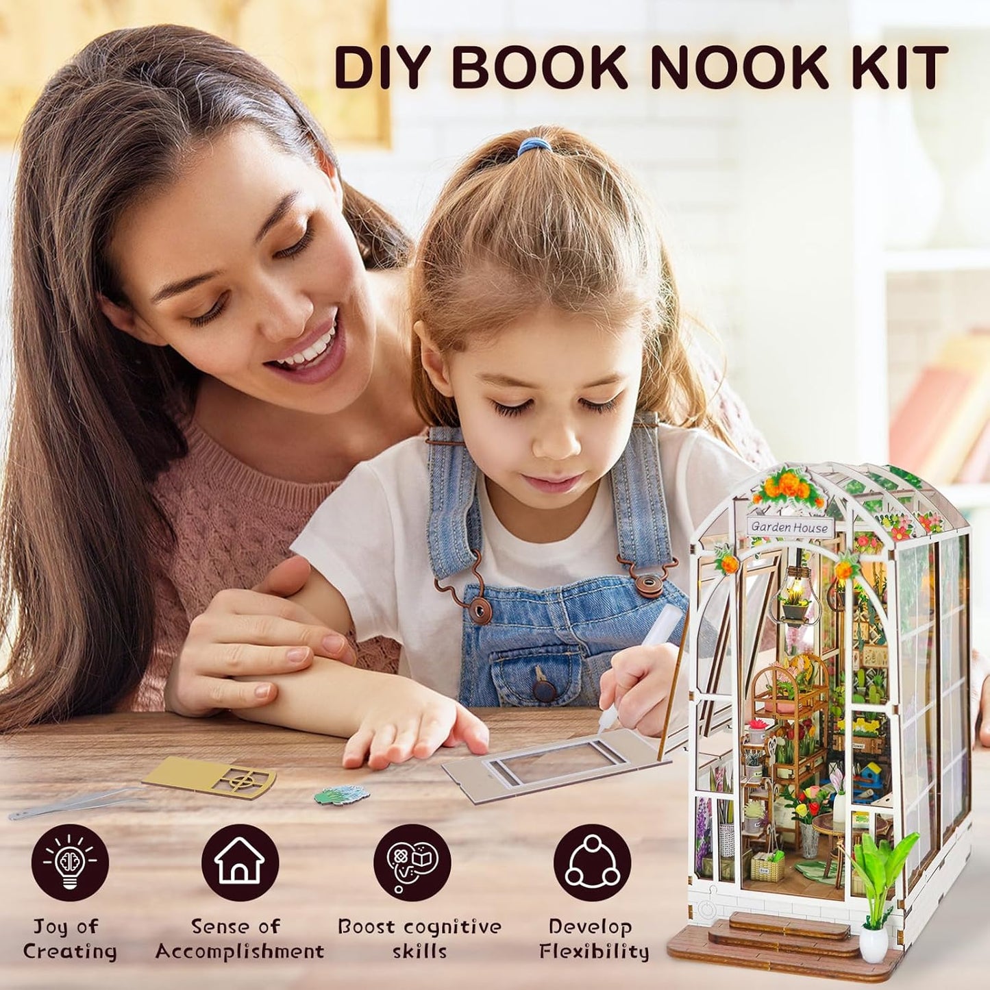 Book Nook Kits for Adults, Miniature House Dollhouse Kit for Teens, DIY Crafts for Adults, Bookshelf Decor Garden House with LED Light, Gifts for Family and Friends