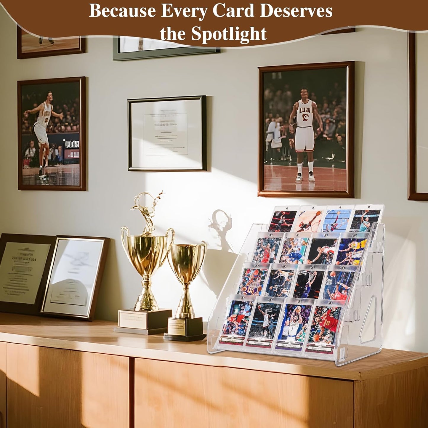 Elevated 4 Tier Clear Acrylic Card Display Stand for Trading Cards, Sports Cards, Greeting Cards, Stickers – Slanted Holder for PSA Slabs, Vendors, Collectors & Retail (4 Tier 1 Pack)