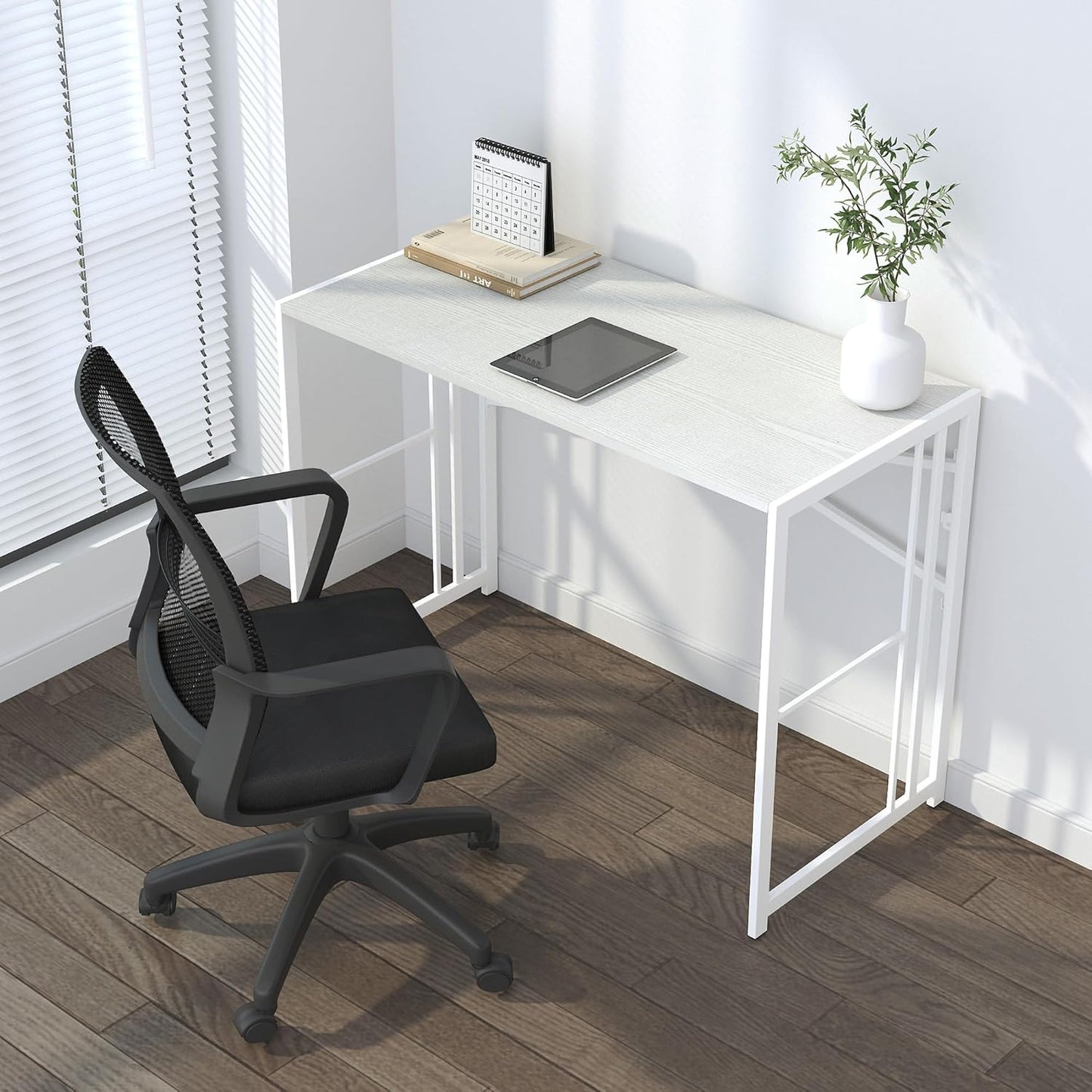 Folding Desk 40 inch Writing Gaming Computer Camping Table, No Assembly Required Home Office Desk, White