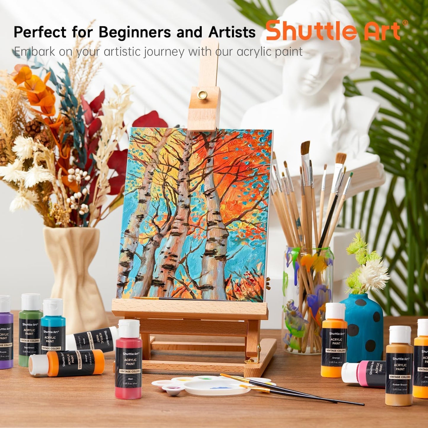 Shuttle Art Acrylic Paint Set, 25 Vintage Colours, 2oz/60ml Bottles, Rich Pigmented, Premium Acrylic Paints for Artists, Beginners and Kids on Rocks Crafts Canvas Wood Ceramic