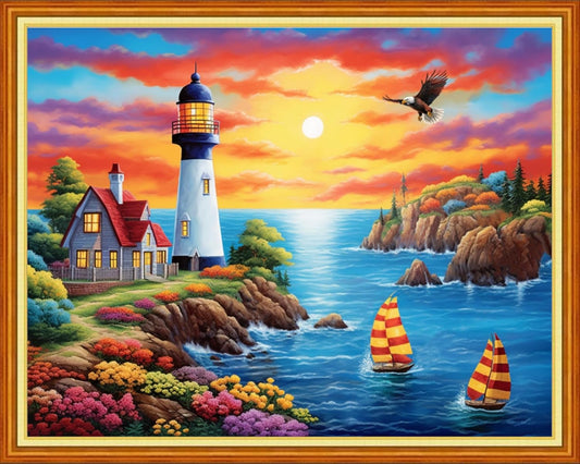 Foxhool Beginners Cross Stitch Kits Stamped Full Range of Embroidery Kits for Adults DIY Cross Stitches kit Embroidery Patterns for Needlepoint kit-Seaside Lighthouse 16x20 inch