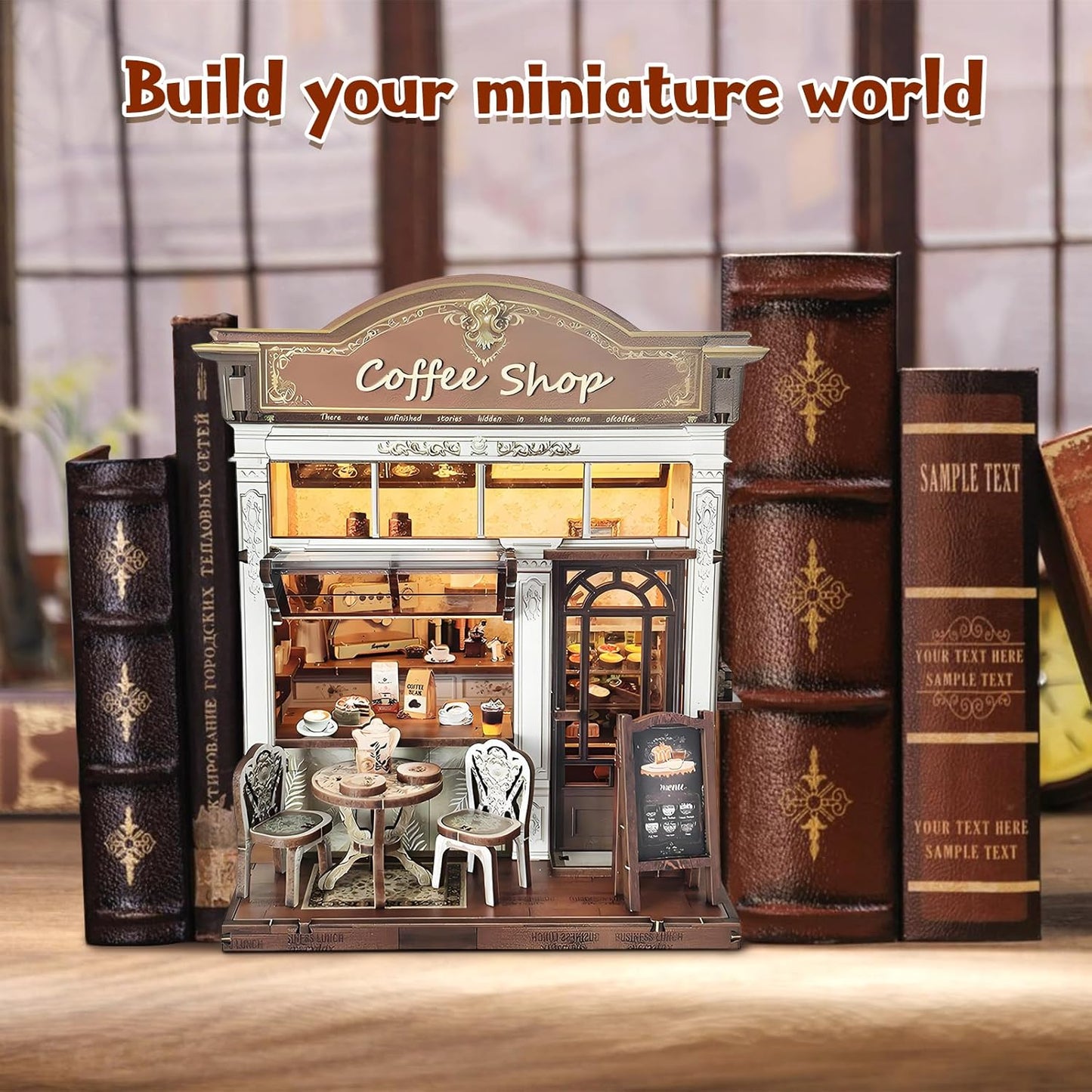 DIY Miniature House Kit, Coffee Shop Book Nook Kit, Mini Building Kit, Dollhouse Kit for Adults and Teens, 3D Wooden Puzzles with LED Light, Craft Kit for Family and Friends(Retro Coffee Shop)