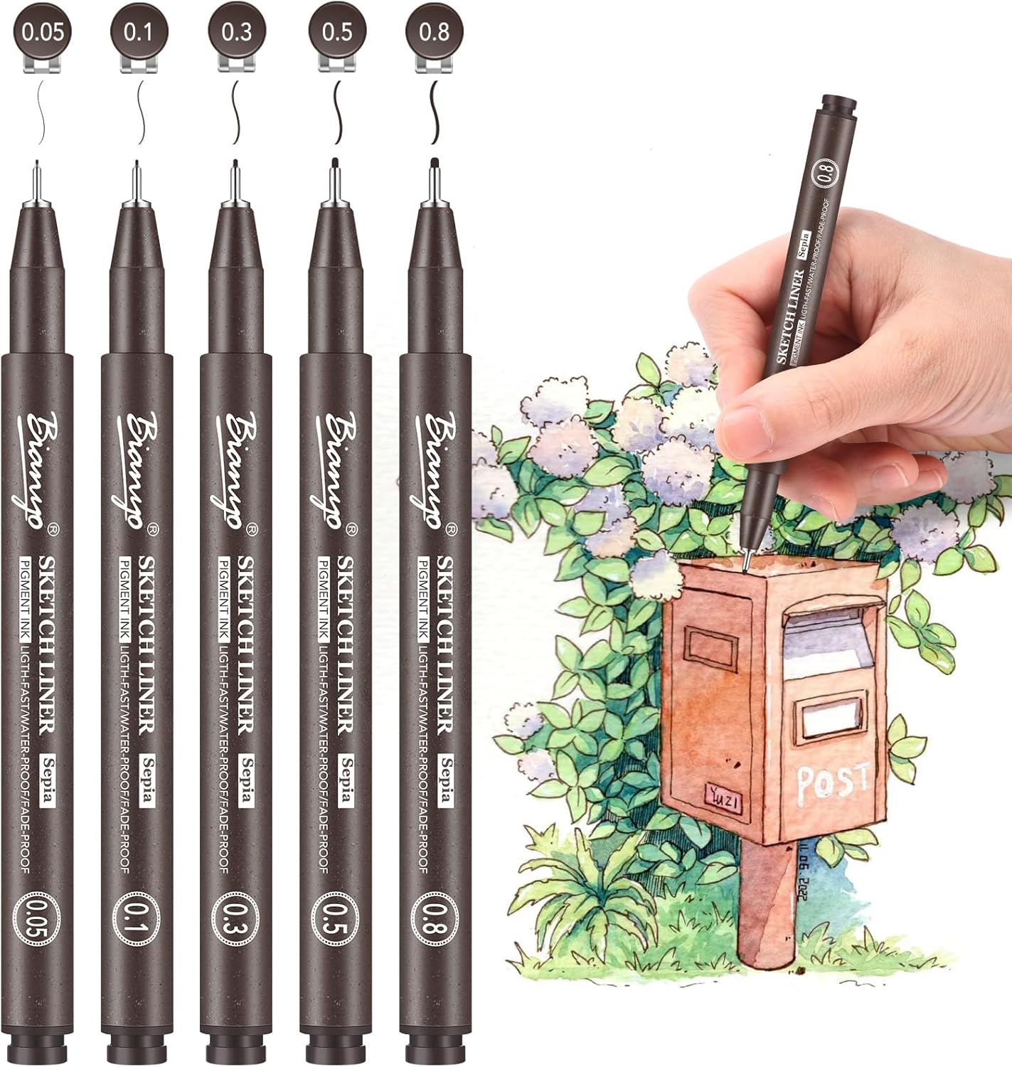 Bianyo Sepia Tone Art Pen Set, 5 Assorted Tips - Warm Pigment Ink Sketch Liner for Vintage Sketching, Nature Illustrations, and Elegant Calligraphy, Water-Resistant and Archival Quality