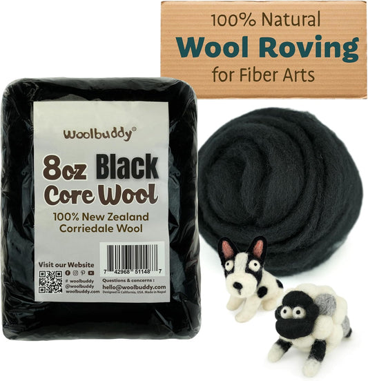 Woolbuddy Needle Felting Wool – 8oz Chunky Wool Roving in Black, Felting Wool for Needle Felting Kit, Wet & Dry Felting Projects