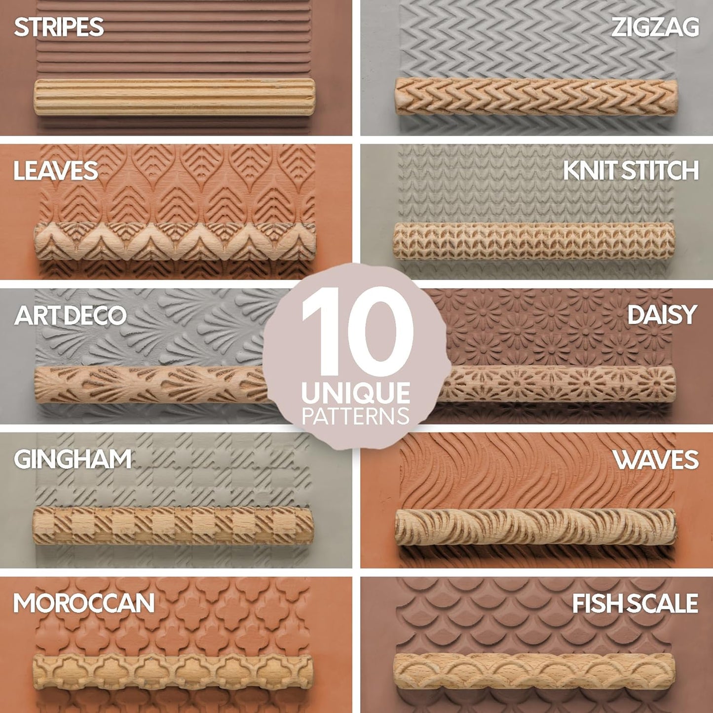 Byllstore Clay Texture Rollers | 10-Pack | 5 in x 0.65 in | Premium Pottery Tools