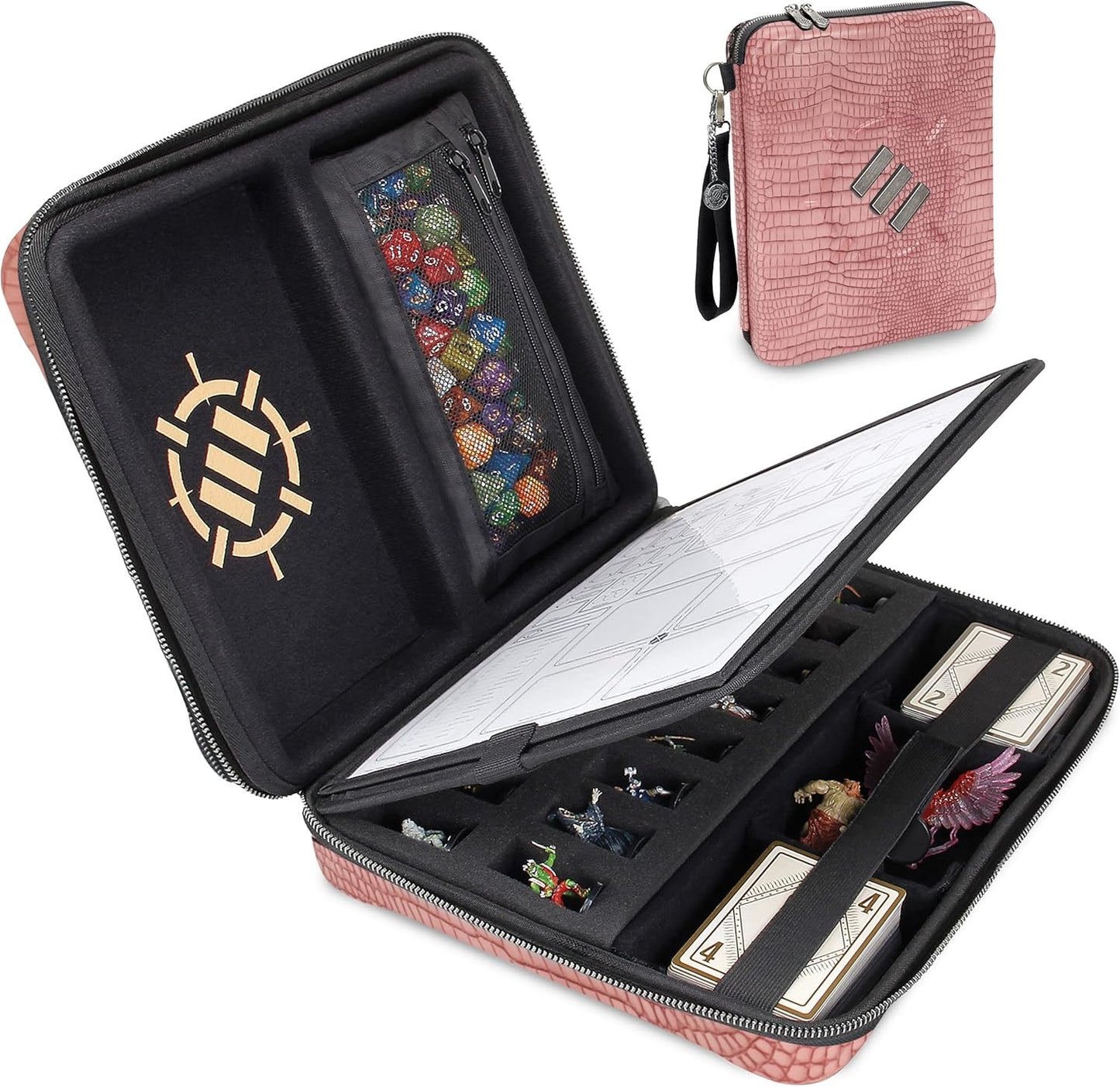 ENHANCE RPG Organizer Case - DnD Binder with Built-in Character Sheet Holder and Erasable Scribe Panel, Dice Rolling Area, Removable Pen Pouch, Miniature Foam Tray, Wrist Strap