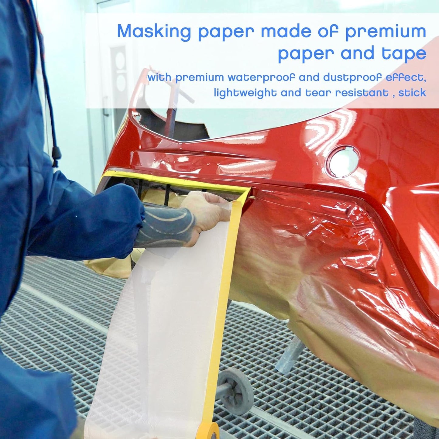 Seajan 18 Roll Painters Plastic with Tape Pre Taped Masking Film for Painting Automotive Paint Adhesive Protective Film Masking Tape Roll Plastic Painting Covering (White,5 x 65 Ft)