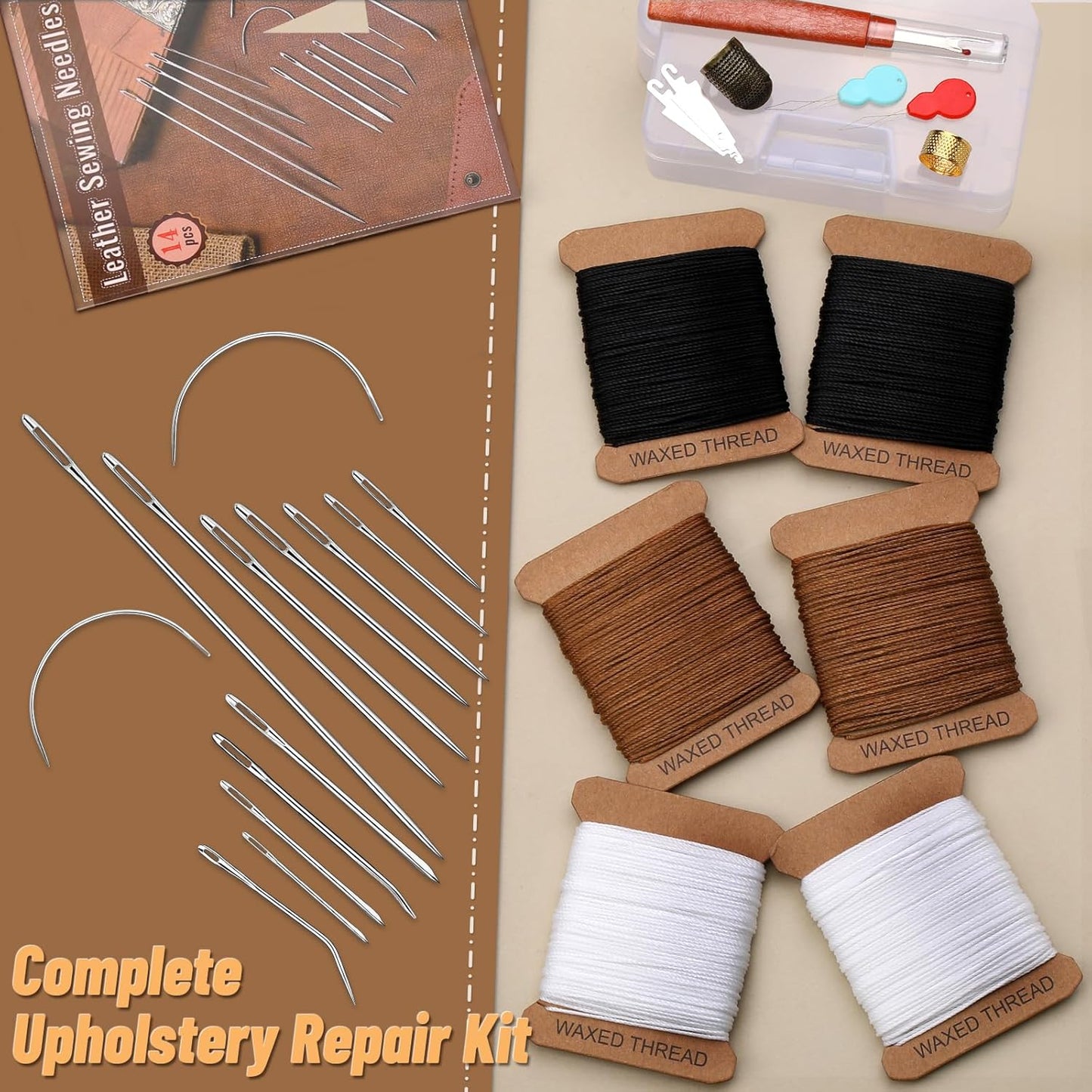 IMZAY Upholstery Repair Kit, Waxed Sewing Thread, 132 Yards Heavy Duty Leather Thread with 14 PCS Upholstery Needles for Leather, Canvas, Bookbinding, Beading, Stitching