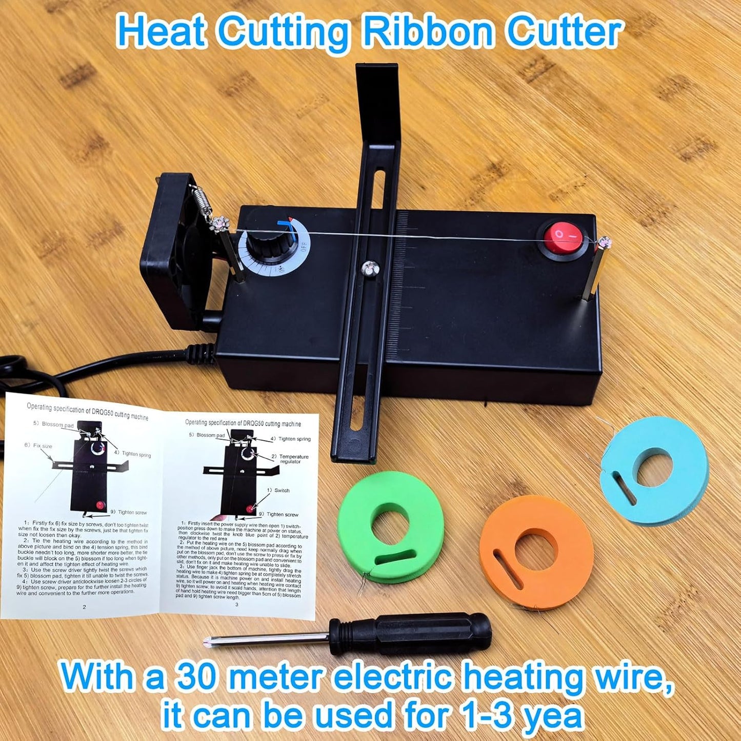 DRQG50-B Heat Cutting Ribbon Cutter, Electric Rope Cutter Thermal Supplies Portable with Screwdriver for Ribbon Braid Nylon Band Ropes Versatile Rope Ribbon Thermal Cutter with Fan