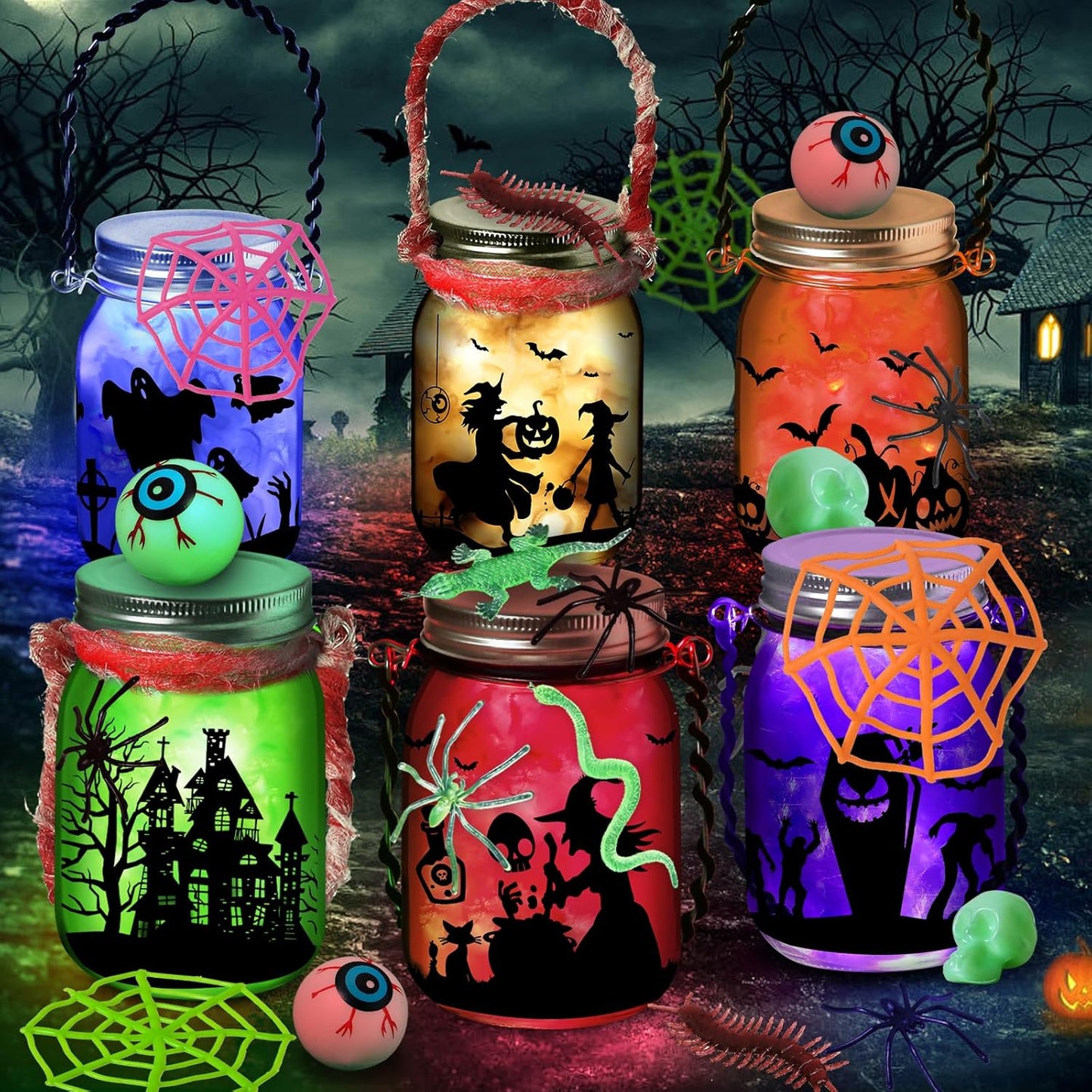 Halloween Crafts Activities for Kids Ages 4-12,6 Pack Glass Mason Jar for School Art Activities,Halloween's Craft Supplies,DIY Lantern Jar for Gifts Halloween Party Favors,Classroom Prizes