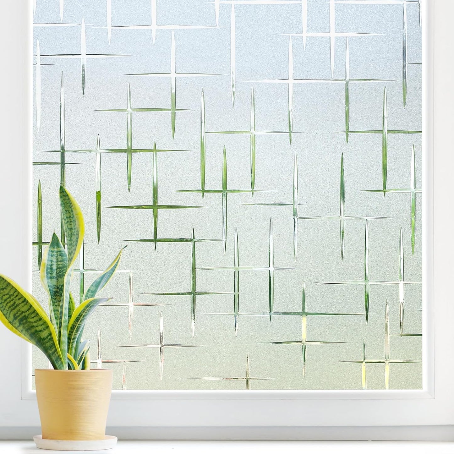 DOWELL Window Privacy Film Frosted Glass Window Film, Sun Blocking Non-Adhesive Glass Cling, Decorative Door Sticker, Self Static-Cling Tint Covering for Home Office, Cross Pattern 35.4" x 157.5"