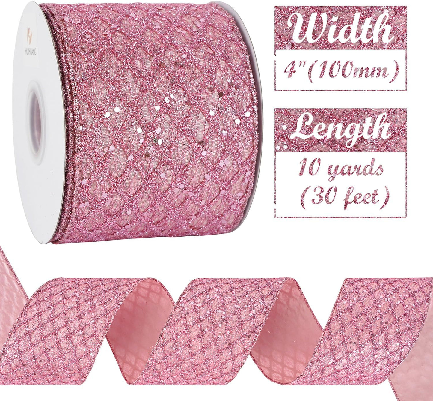 HUIHUANG Pink Wired Christmas Ribbon 4 inch Light Pink Glitter Wired Ribbon Diamond Mesh Wire Ribbon for X-mas Tree Decorations, Wreaths, Garland, Large Bows Making, Home Decor -10 Yards