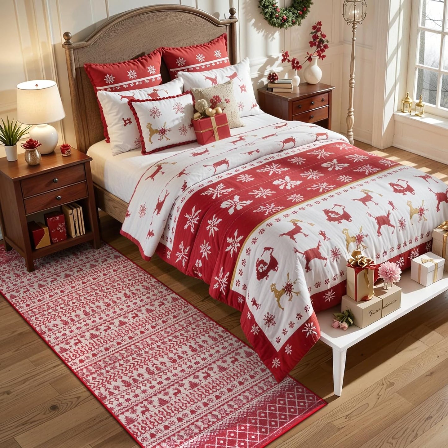 Christmas Runner Rug, 2x6 Red Christmas Kitchen Runner Rug, Non-Slip Washable Indoor Door Mat, Winter Xmas Holiday Floor Decor Carpet Runners for Hallways Bedroom Laundry Room