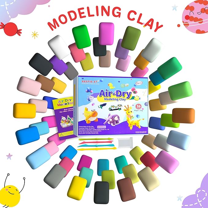 Air Dry Clay 56 Colors, Modeling Clay for Kids, DIY Model Magic Clay, Molding Clay Kit with Sculpting Tools, Non-Sticky Soft and Super Light, Arts and Crafts Gift for Boys Girls Kids