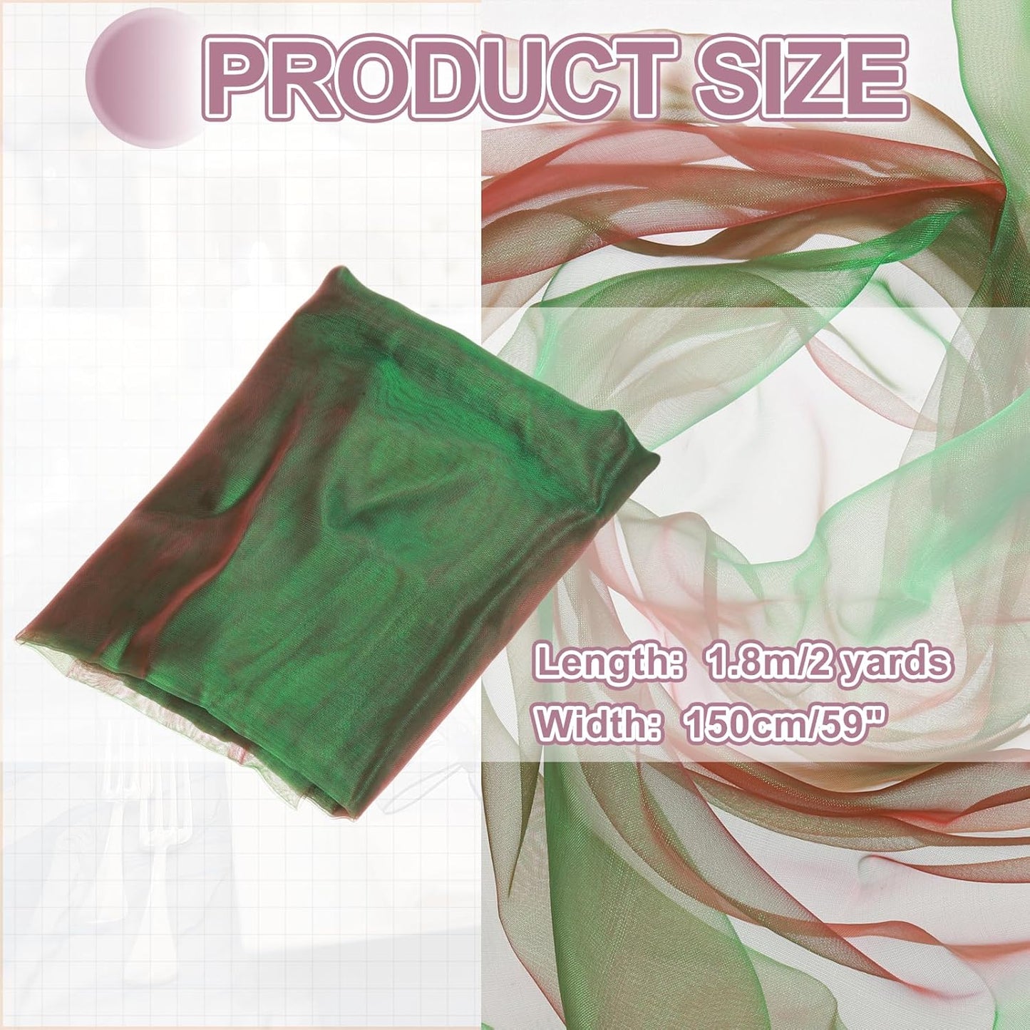 MECCANIXITY Iridescent Sheer Organza Fabric, 2 Yards x 59 Inches Solid Holographic Shiny Fabric Organza Cloth for Wedding, Curtains, Costume, Photo Background, Gradient Green Red