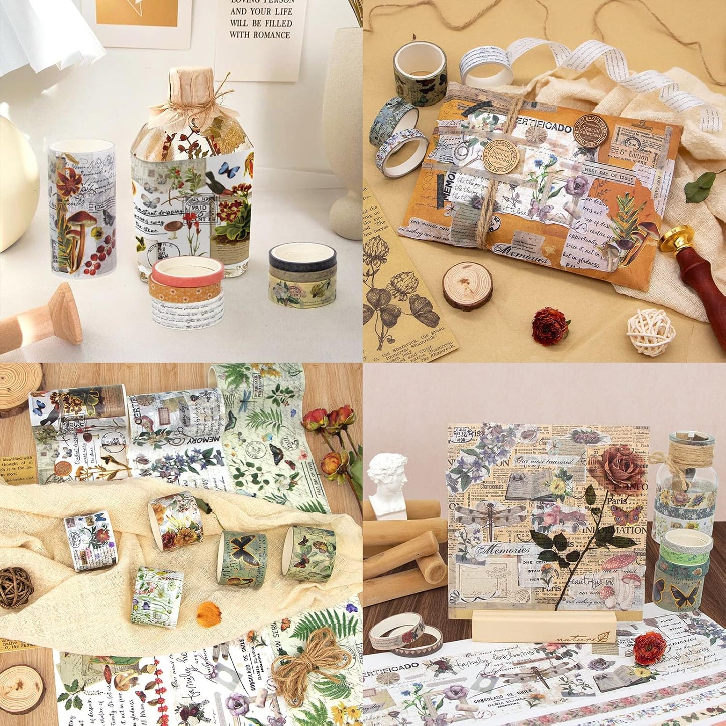 37 Rolls Vintage Washi Tape Set - Decorative Tape Floral Butterfly Mushroom Botanical,Adhesive Tape for Journaling Supplies,Scrapbooking,Junk Journal Supplies5/8/10/15/30/75mm Wide9.84ft Long/Roll