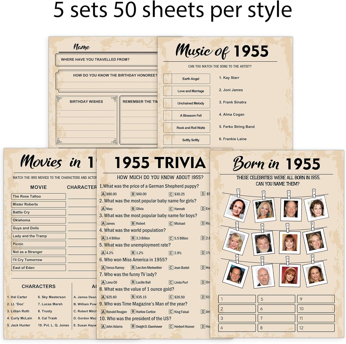 70th Birthday Party Games, Born in 1955 Games Bundle, Set of 5 Activities for 10 Guests, Birthday Party Supplies for Adults, Pack of 50 Cards