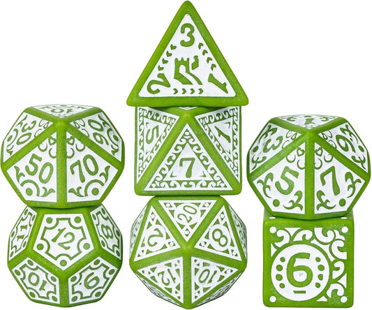 7-Die DND Dice Set New Pattern Polyhedral Dice Set with Leather Bag D&D Die for RPG Table Games(Green White)