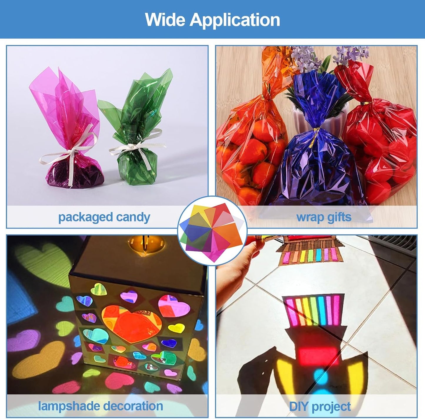 200 Pcs Colored Cellophane Sheets, Cellophane Wrap Paper Color Cello Sheets for Crafts(7.5x7.5 Inches)