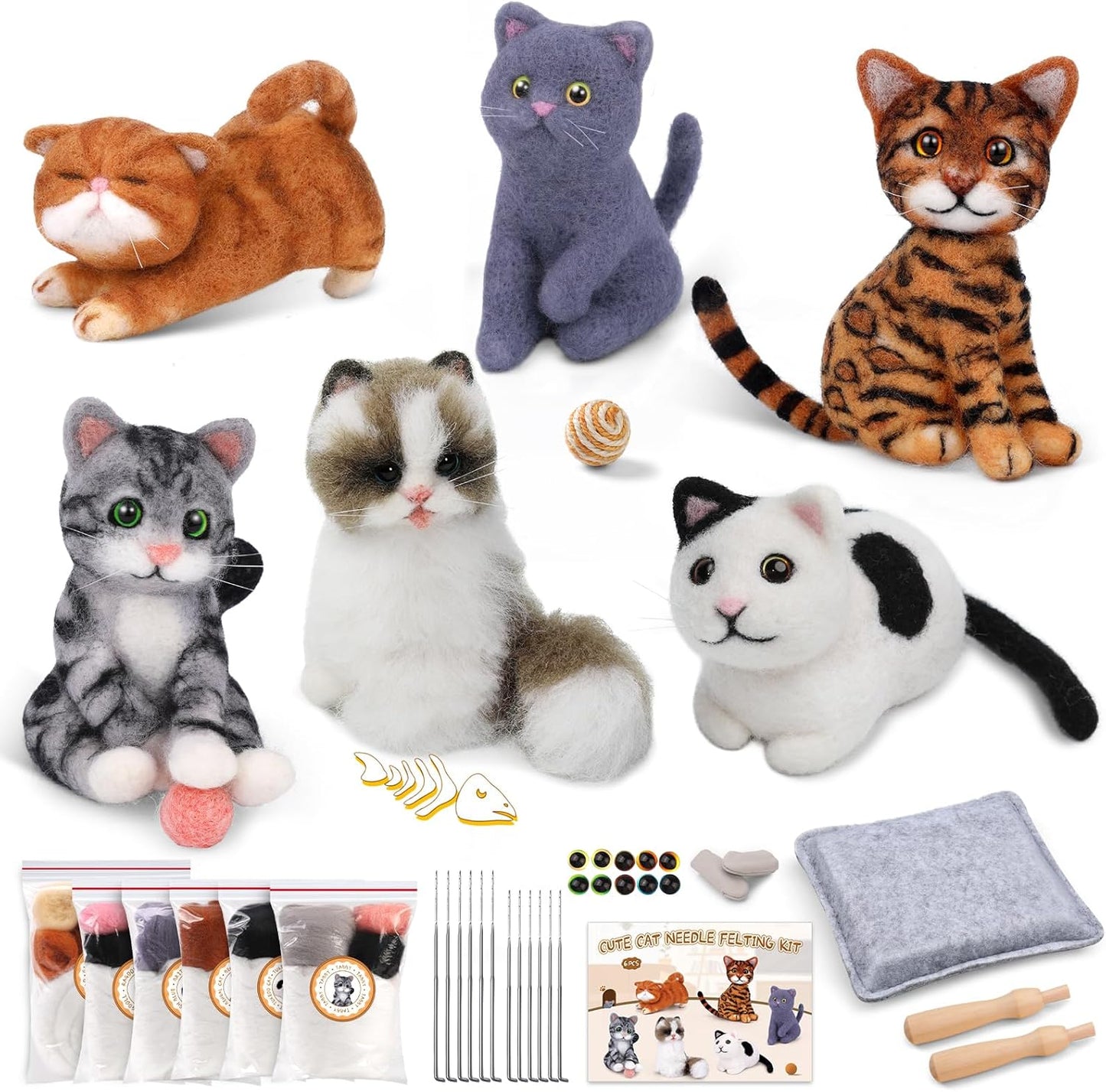 Mayboos 6 Pcs Needle Felting Kit, Animal Needle Felting Beginner Kits Wool Felt Needle Felting Tools with Instruction for DIY Craft Animal Home Decoration (Cute Cat)