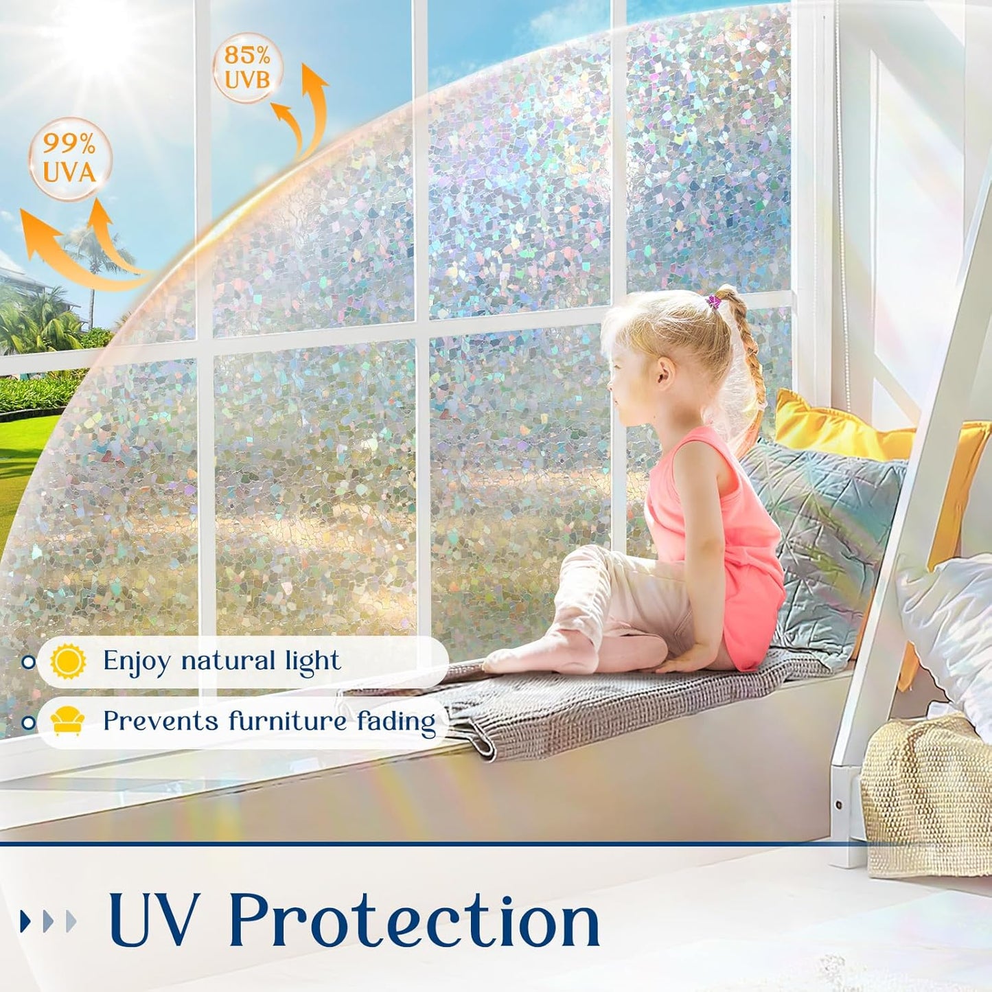 Haton Window Privacy Film, Rainbow Stained Glass Window Clings, 3D Decorative UV Sun Blocking Sticker, Removable Static Cling Heat Control Tint for Home Door, 23.6" x 157.4" Non-Adhesive