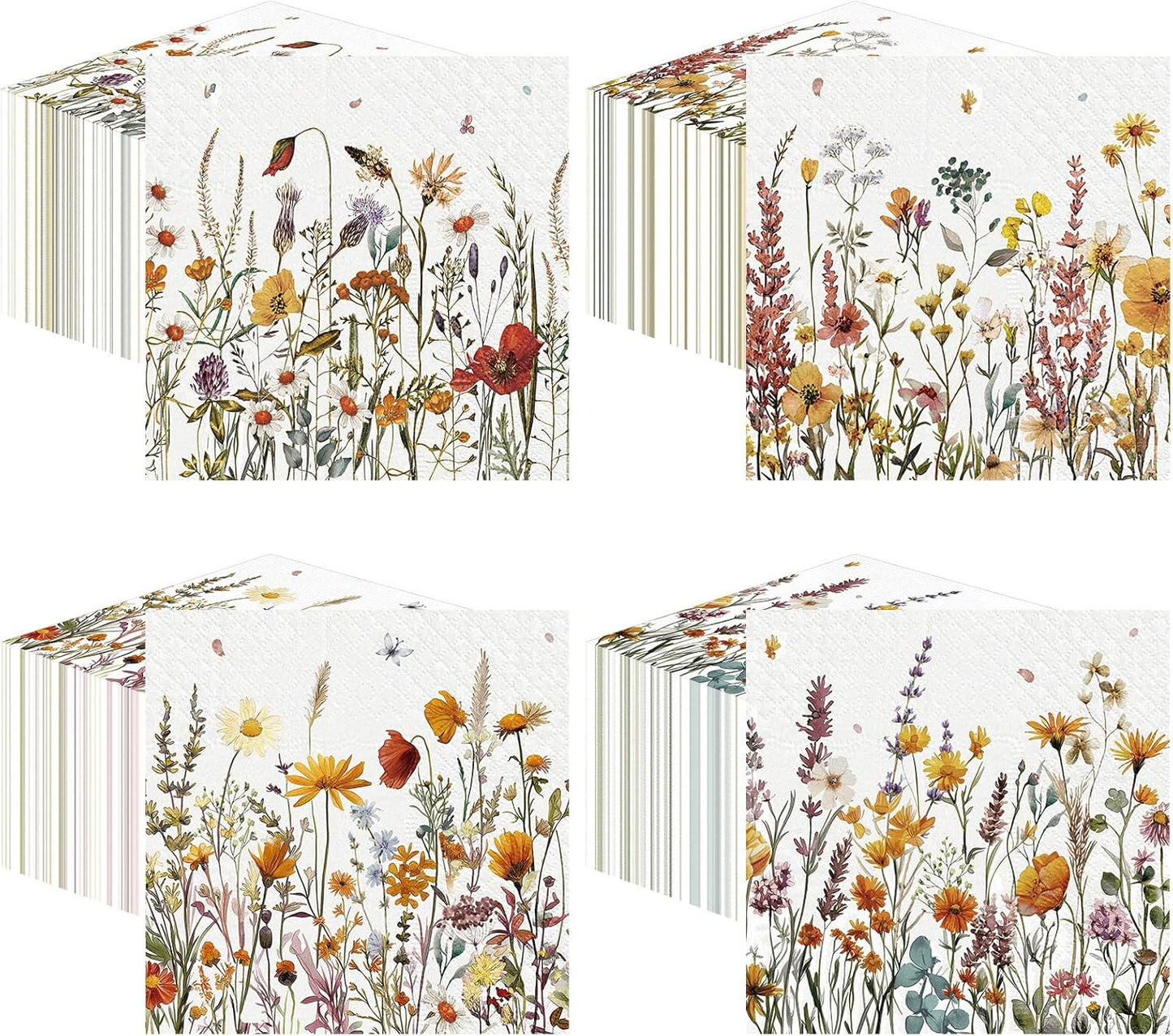 Fulmoon 200 Pieces Fall Floral Cocktail Napkins Disposable Autumn Flower Decoupage Paper Napkins Wildflower Beverage Towel for Thanksgiving Day Fall Party Favor Supplies