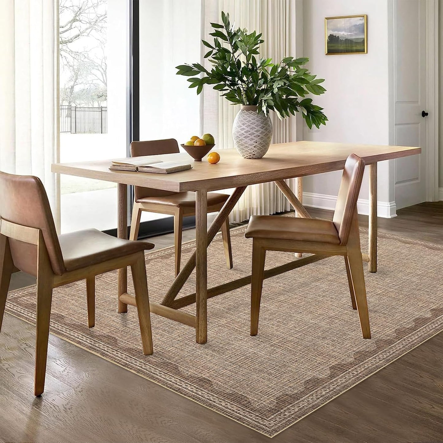 Scalloped Washable Rug 9x12 Area Rugs for Living Room, Solid Tan Rug for Bedroom Girls, Non Slip Throw Mat with Rubber Back, Soft Dorm Nursery 9x12 Carpet for Dining Room