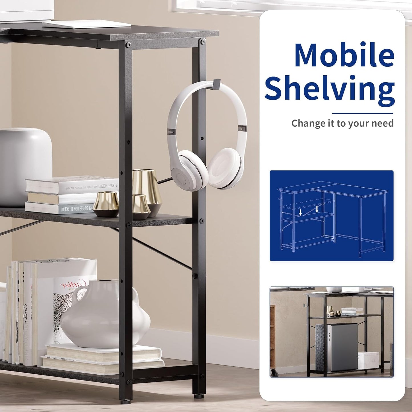 Pamray 43 Inch L Shaped Computer Desk with Reversible Side Storage Shelves, Small Corner Desk for Small Space Home Office,Writing Study Table PC Desk for Bedroom,Espresso Gray