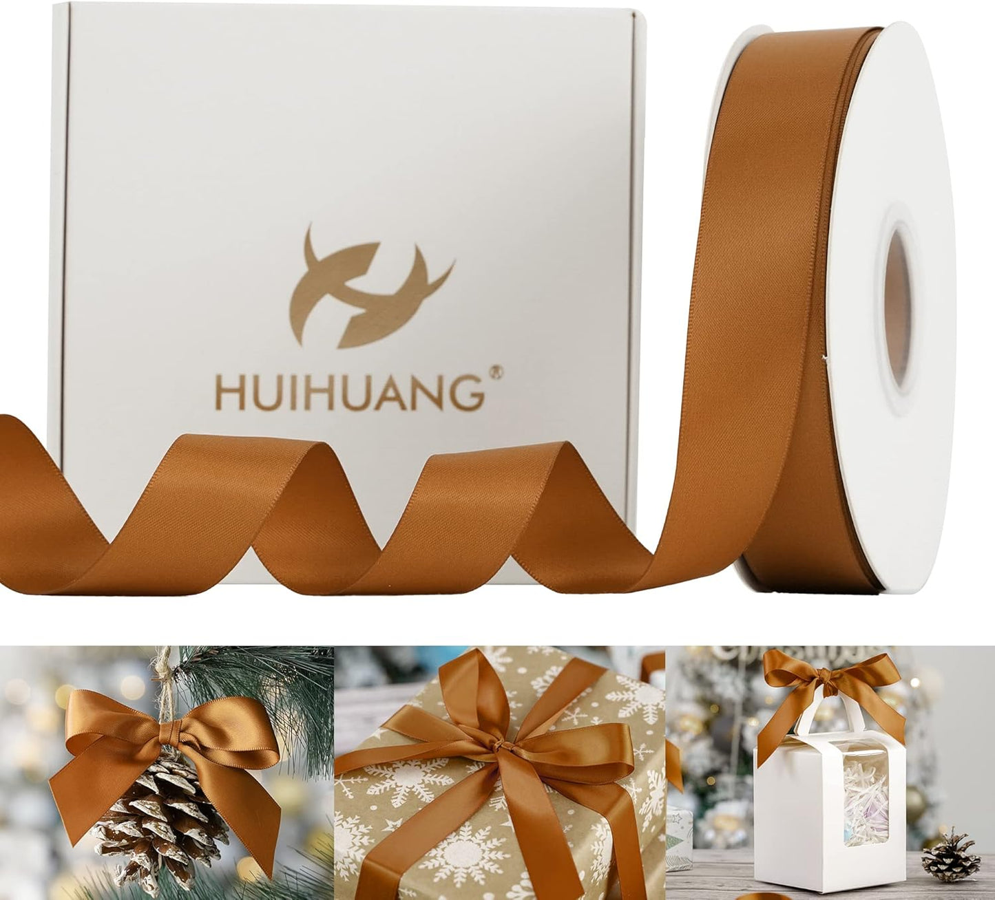 HUIHUANG Satin Ribbon 1 inch Wide Copper Ribbon 50 Yards Double Face Satin Ribbons for Crafts Gift Wrapping Bows Floral Bouquet Cake Box Christmas Decor Wedding Invitation Card Party Favor