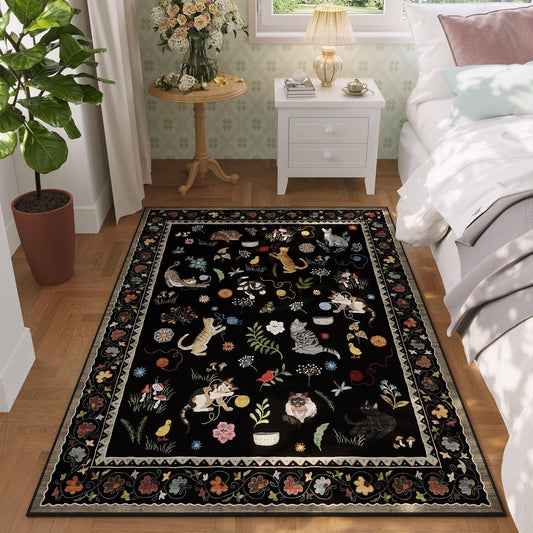 Rugcomf Bedroom Rug 3x5 Rug Washable Area Rug Non Slip Low Pile Boho Floral Animal Cat Small Carpet for Bedroom Bedside Kitchen Entryway Kids Room Office College Dorm Essentials for Girls, Black