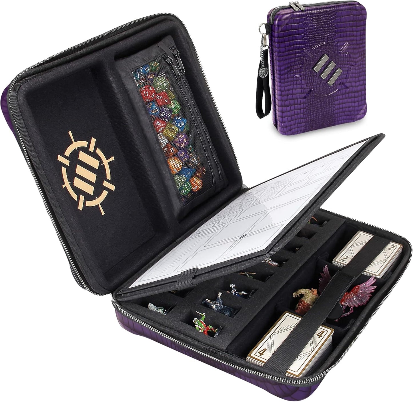 ENHANCE RPG Organizer Case - DnD Binder with Built-in Character Sheet Holder and Erasable Scribe Panel, Dice Rolling Area, Removable Pen Pouch, Miniature Foam Tray, Wrist Strap
