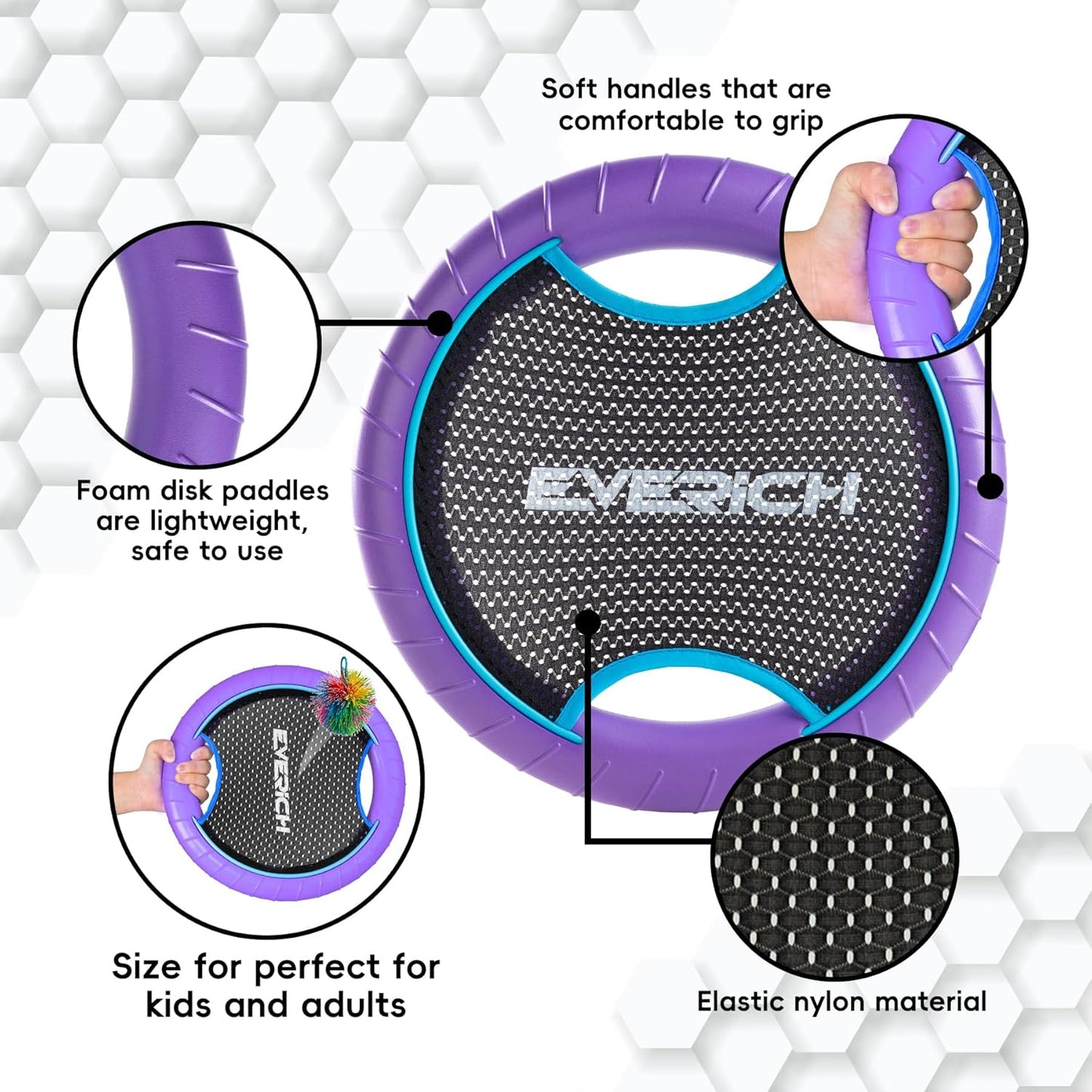 EVERICH TOY Trampoline Paddle Ball Set with 2 Bouncy Paddles & 4 Balls - Soft Foam Design for Kids Play Indoor Outdoor Beach Backyard Lawn - Great Gift Idea for Boys & Girls (Pink & Purple)