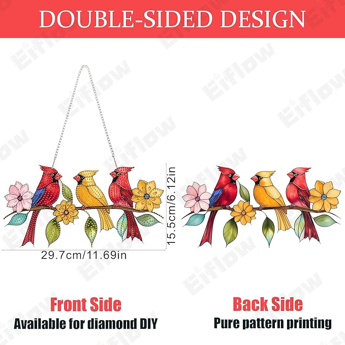 Eiflow 11.7x6.3in Acrylic Diamond Art Hanging Kit for Adults Cardinal Birds, DIY Diamonds Painting Door Hanger Board Kit, Special Crystal Diamond Art Painting Pendant Ornament