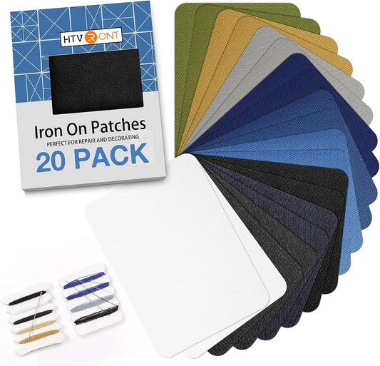 HTVRONT Iron on Patches for Clothing Repair, Fabric Patches Iron on for Denim Jean Repair Decorating Kit 20 Pieces Iron on Patch Size 3.7" by 4.9" (Classic Colors)