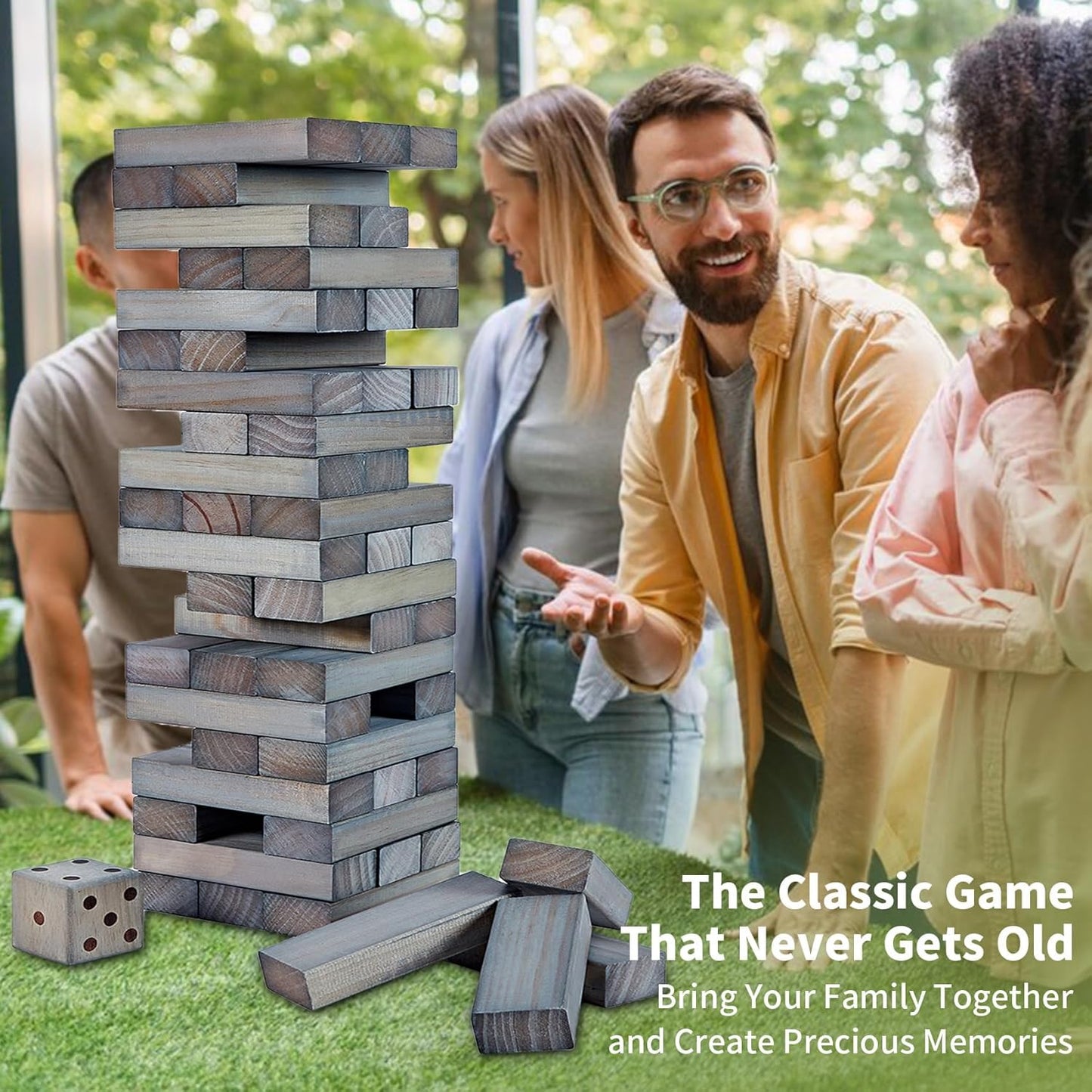 ApudArmis 60 PCS Giant Tumble Tower Stack to 5Ft, Pine Wooden Stacking Timber Game with 1 Dice Set - Classic Block Giant Outdoor Game for Teens Adults Family (Gray)