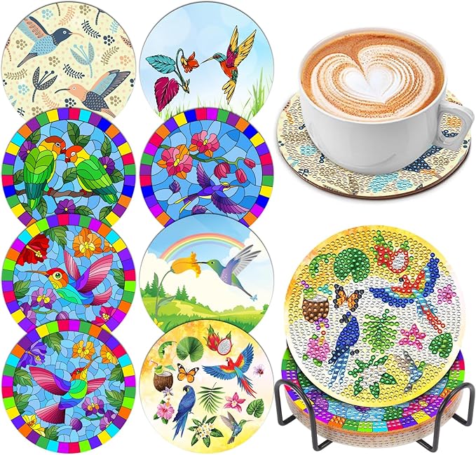 8 Pcs Diamond Art Coasters Kits for Adults with Holder Cork Pads, Hummingbird DIY Diamond Art Dots Painting Coasters Kits for Adults Beginners