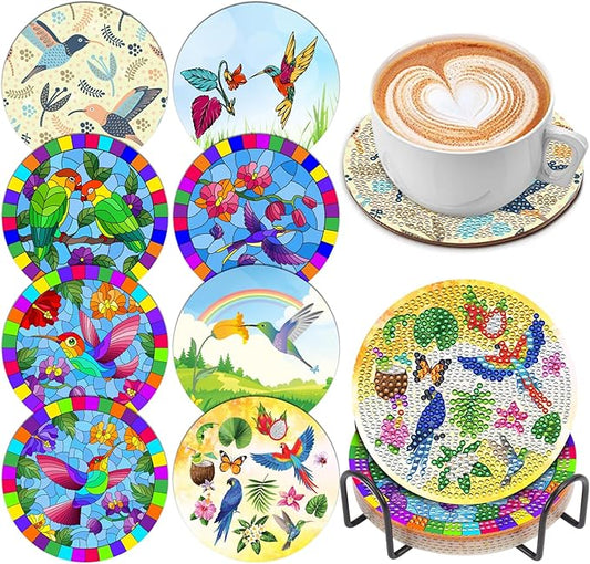 8 Pcs Diamond Art Coasters Kits for Adults with Holder Cork Pads, Hummingbird DIY Diamond Art Dots Painting Coasters Kits for Adults Beginners