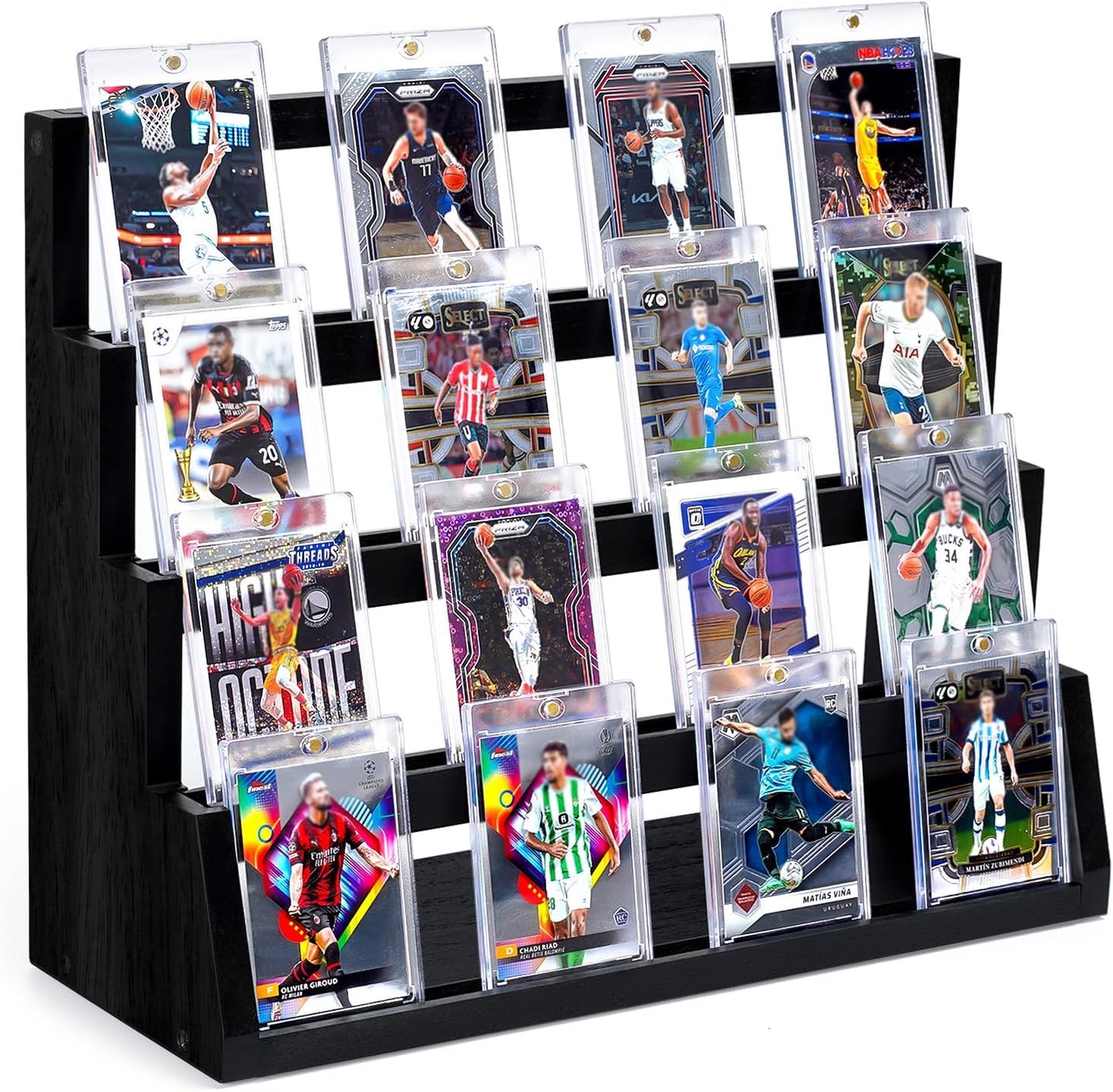 Emfogo Card Display Stand, 4-Tier Trading Card Display, Wooden Graded Baseball Sports Card Display, Trading Card Display Case for Card Collection & Show (Black)
