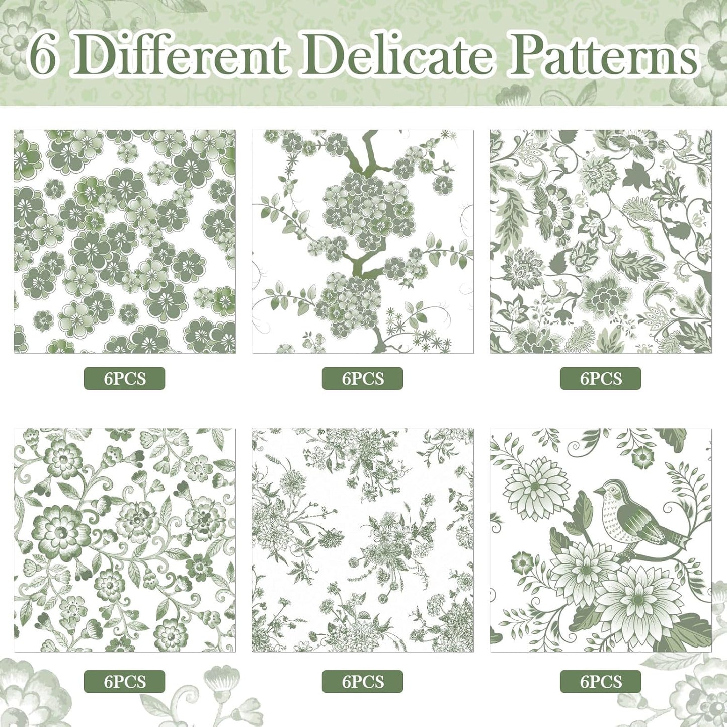 Epakh 36 Pack 6 Style Sage Green Decoupage Paper Napkins Assorted Floral Decorative Decoupage Napkin Chinoiserie Cocktail Paper for DIY Crafting Fall Christmas Wedding Party Decor, Each Unfolded 13''