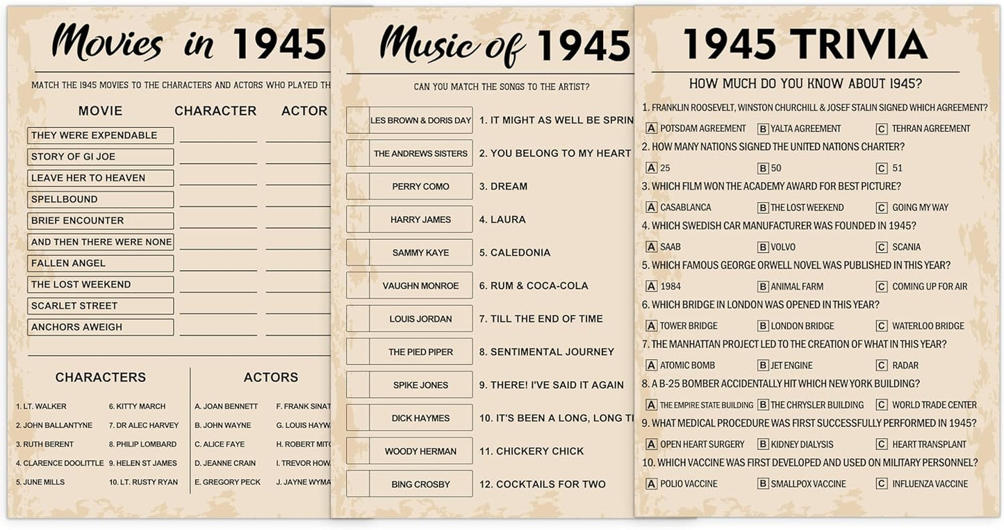 80th Birthday Party Games, Set of 3 Activities for 10 Guests, Born in 1945 Games Bundle, Birthday Party Supplies for Adults, Pack of 30 Cards