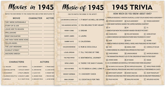 80th Birthday Party Games, Set of 3 Activities for 10 Guests, Born in 1945 Games Bundle, Birthday Party Supplies for Adults, Pack of 30 Cards