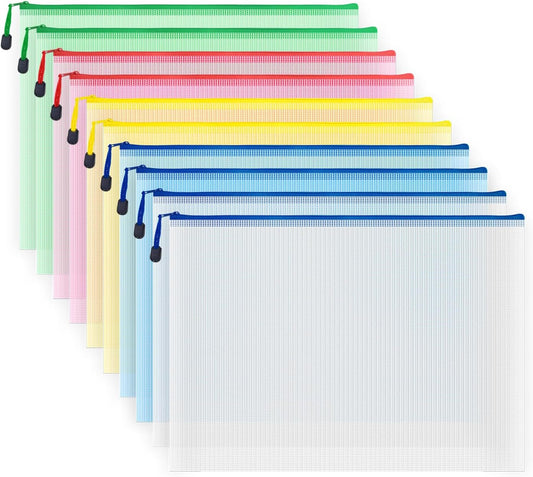 AUSTARK 10 Pcs Zipper File Bags, Waterproof Plastic Mesh Pouch for Office School, Board Game Storage Bags (A3 Size 16.9''x12'', Multicolored)