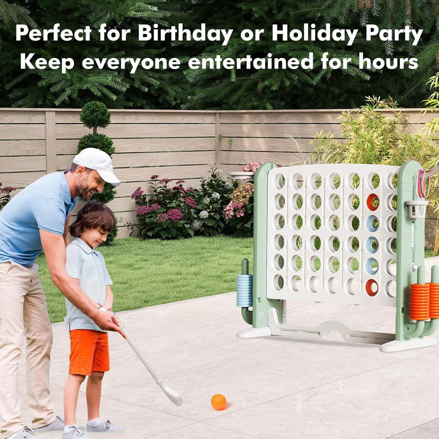 Giant 4 in a Row Connect Game with Mesh Fabric | Height Adjustable 4-in-1 Jumbo 4-to-Score Yard Game Set with Basketball, Golf & Ring Toss | Outdoor Indoor Family Yard Party Game for Kids & Adults