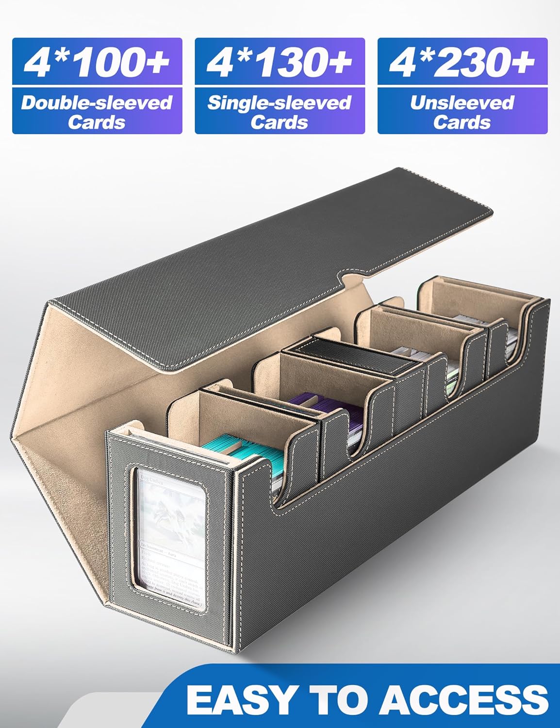 Card Deck Box for MTG with Commander Display, 5 in 1 Card Deck Case Holds 800+ Unsleeved Cards, Strong Magnet Organizer Compatible with Yugioh TCG Sports Cards (Black&Glod)