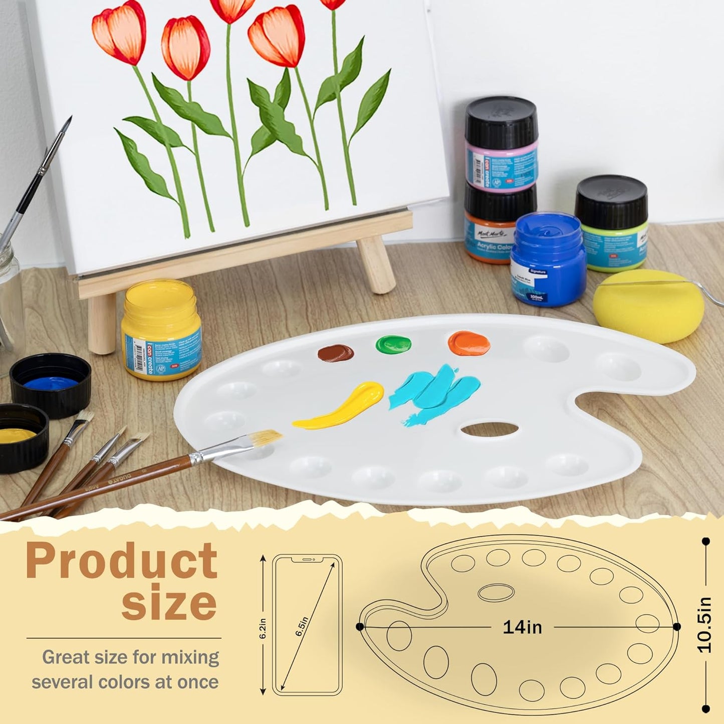 DUGATO Large Oval Paint Palettes (2 Pack, 14x10.5 inches) - 14-Well Plastic Mixing Trays for Acrylic, Oil, Watercolor & Gouache - Artist Supplies