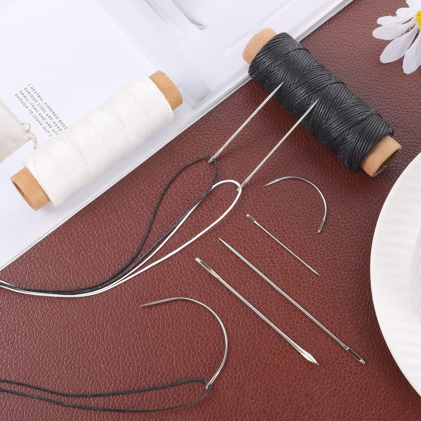 110Yards Waxed Thread with 7 Pcs Leather Needles for Hand Sewing - 150D Flat Waxed Thread - Leather Repair Needles for Upholstery, Canvas Bags, Furniture