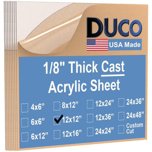 Duco USA-Made Clear Cast Acrylic Sheet 1/8 Inch Thick 12" x 12" - 8 Pack of Transparent Plexiglass Sheet - Lightweight Acrylic Board for Window Replacements, Displays, Signs, and More