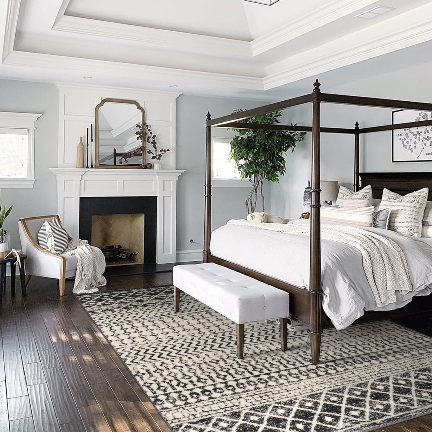 Geometric Moroccan 6x9 Rug, Ultra Soft Distressed Black Rug for Bedroom Non-Slip, Low-Pile Washable Living Room Rug Indoor Carpet for Bedroom Dining Room Classroom Dorm